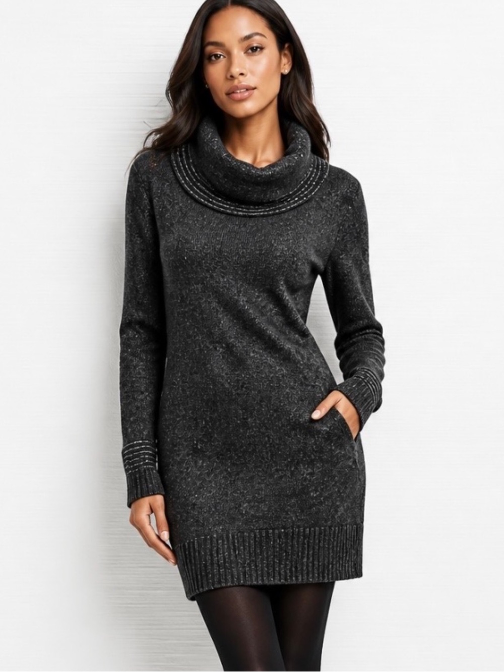 EXOFFICIO Sweater Dress Cowl Funnel Neck Wool Blends Gray Black Striped Trim